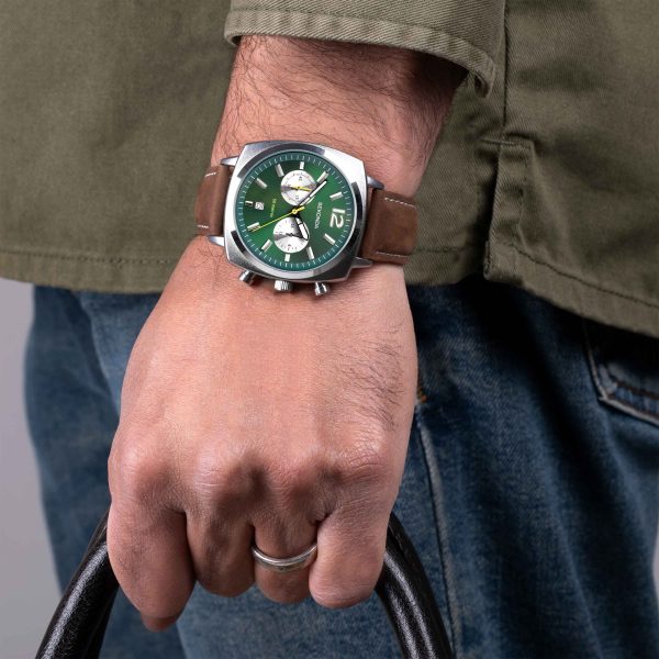 Airborne Men’s Chronograph Watch  –  Silver Case & Brown Leather Strap with Green Dial 3