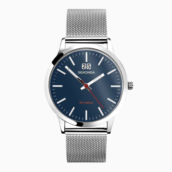 Nordic Men’s Watch  –  Silver Case & Stainless Steel Mesh Bracelet with Blue Dial