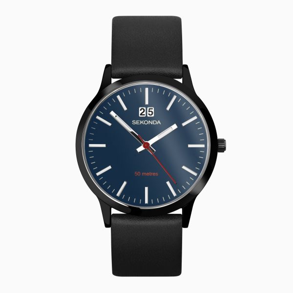 Nordic Men’s Watch  –  Black Case & Leather Strap with Blue Dial
