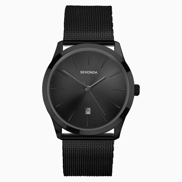 Minimal Men’s Watch  –  Black Case & Stainless Steel Mesh Bracelet with Black Dial