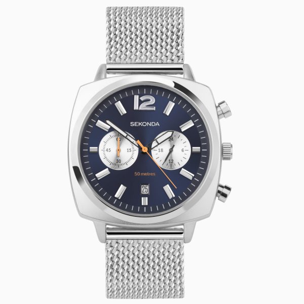 Airborne Men’s Chronograph Watch  –  Silver Alloy Case & Stainless Steel Mesh Bracelet with Blue Dial