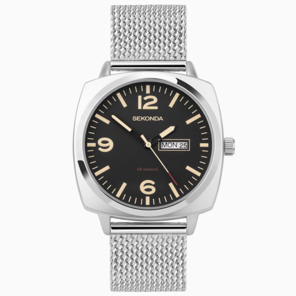 Airborne Men’s Watch  –  Silver Alloy Case & Stainless Steel Mesh Bracelet with Black Dial