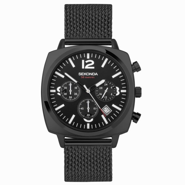 Airborne Men’s Chronograph Watch  –  Black Alloy Case & Stainless Steel Mesh Bracelet with Black Dial