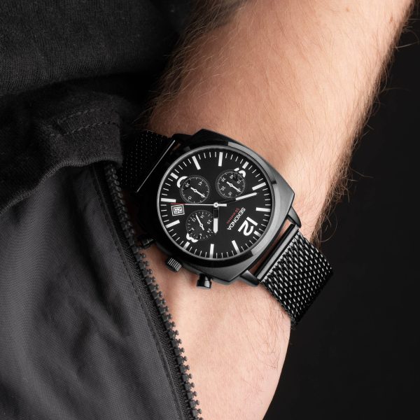 Airborne Men’s Chronograph Watch  –  Black Alloy Case & Stainless Steel Mesh Bracelet with Black Dial 3
