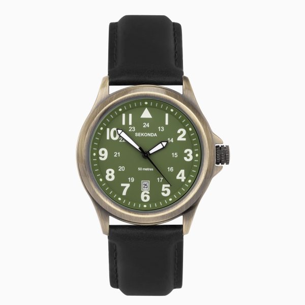 Altitude Men’s Watch  –  Bronze Alloy Case & Black Leather Strap with Green Dial
