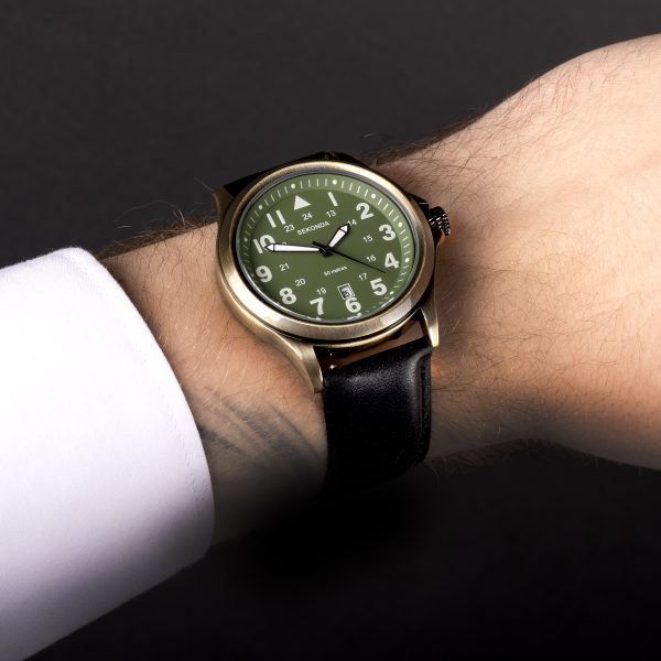Altitude Men’s Watch  –  Bronze Alloy Case & Black Leather Strap with Green Dial 3
