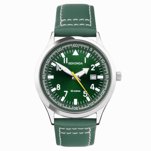 3882 Men’s Watch  –  Silver Alloy Case & Green Leather Strap with Green Dial