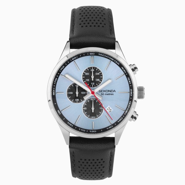Endurance Dual Time Men’s Watch  –  Silver Alloy Case & Black Leather Strap with Blue Dial