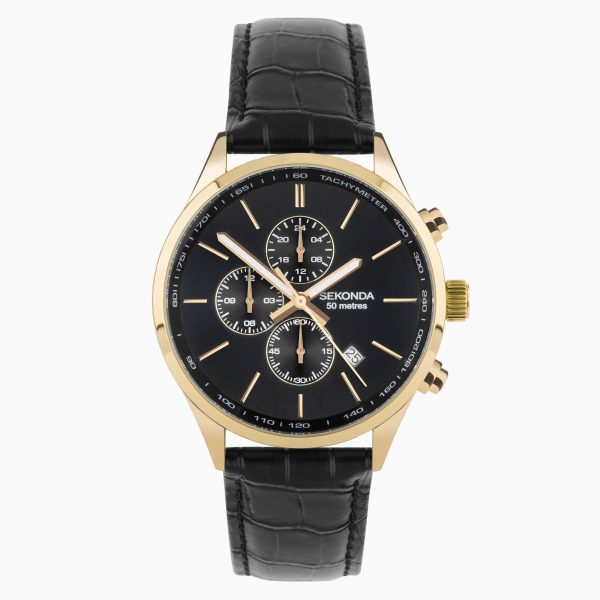 Endurance Dual Time Men’s Watch  –  Gold Alloy Case & Black Leather Strap with Black Dial