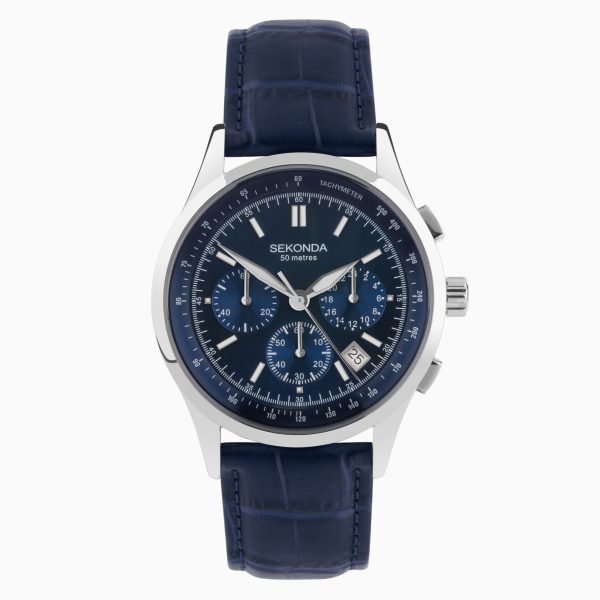 Racer Chronograph Men’s Watch  –  Silver Alloy Case & Blue Leather Strap with Blue Dial
