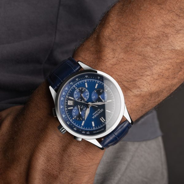 Racer Chronograph Men’s Watch  –  Silver Alloy Case & Blue Leather Strap with Blue Dial 3