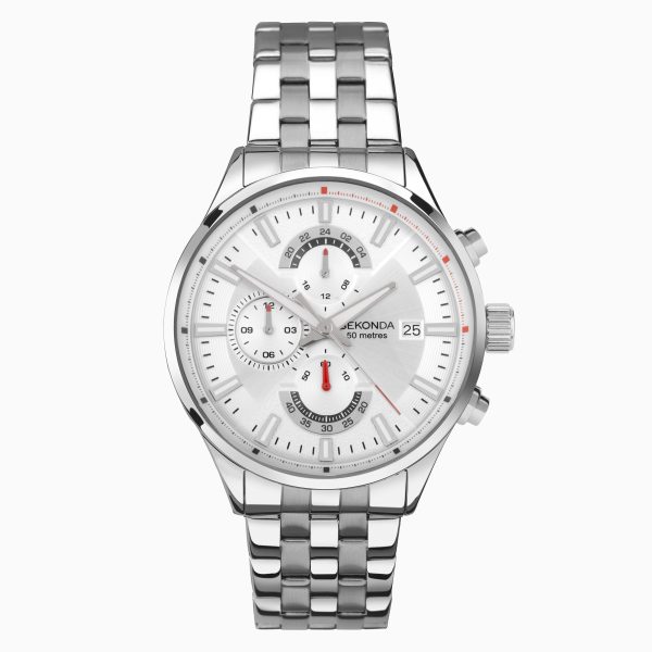 Speed Dual Time Men’s Watch  –  Silver Alloy Case & Stainless Steel Bracelet with Silver-White Dial