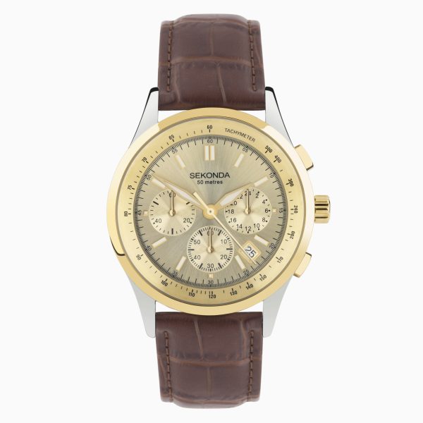 Racer Chronograph Men’s Watch  –  Two Tone Alloy Case & Brown Leather Strap with Champagne Dial