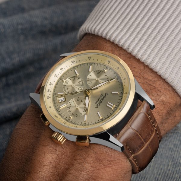 Racer Chronograph Men’s Watch  –  Two Tone Alloy Case & Brown Leather Strap with Champagne Dial 3