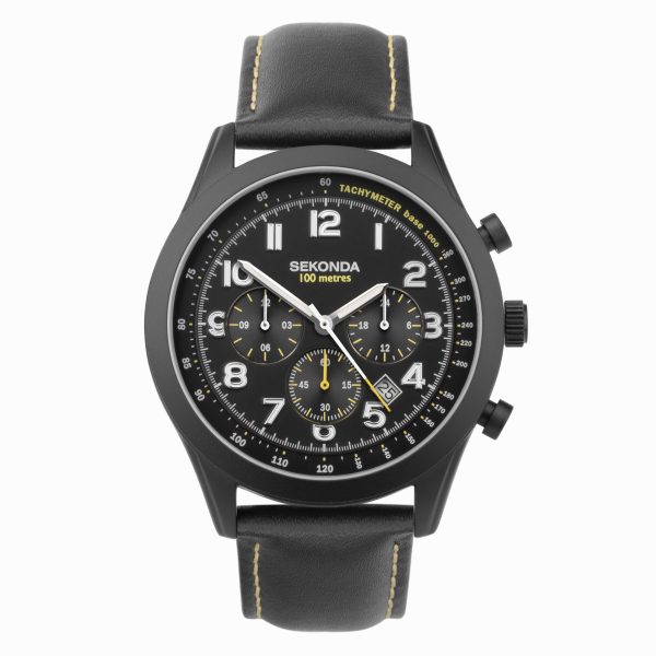 Navigator Dual Time Men’s Watch  –  Black Alloy Case & Leather Strap with Black Dial