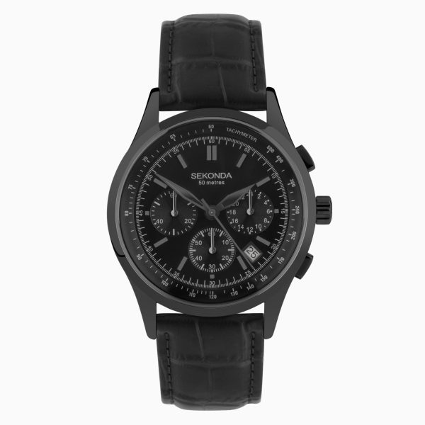 Racer Chronograph Men’s Watch  –  Black Alloy Case & Leather Strap with Black Dial