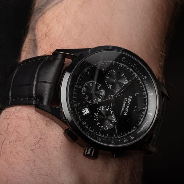 Racer Chronograph Men’s Watch  –  Black Alloy Case & Leather Strap with Black Dial 3