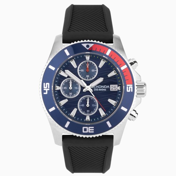 Pacific Wave Chronograph Men’s Watch  –  Silver Stainless Steel Case & Black Silicone Strap with Blue Dial