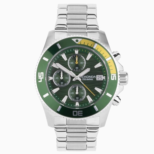 Pacific Wave Chronograph Men’s Watch  –  Silver Stainless Steel Case & Bracelet with Green Dial