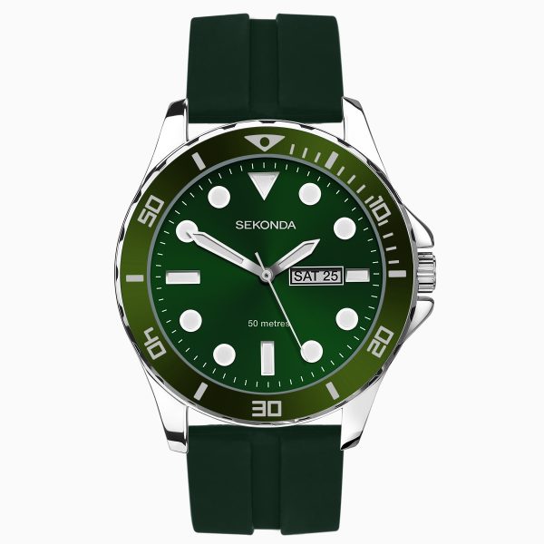 Balearic Men’s Watch  –  Silver Alloy Case & Green Rubber Strap with Green Dial