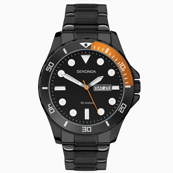Balearic Men’s Watch  –  Black Alloy Case & Stainless Steel Bracelet with a Black Dial