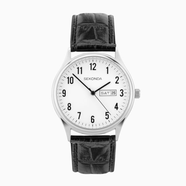 Easy Reader Ladies Watch  –  Silver Alloy Case & Black Leather Strap with White Dial