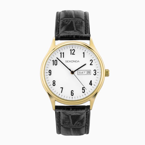 Easy Reader Ladies Watch  –  Gold Alloy Case & Black Leather Strap with White Dial