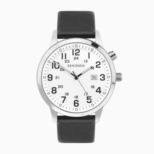 Easy Reader Men’s Watch  –  Silver Alloy Case & Black Leather Strap with White Dial