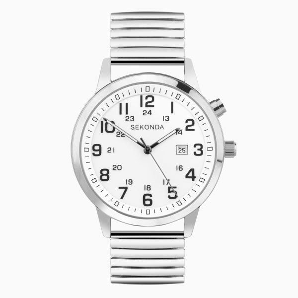 Easy Reader Men’s Watch  –  Silver Alloy Case & Stainless Steel Expander Bracelet with White Dial