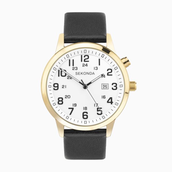 Easy Reader Men’s Watch  –  Gold Alloy Case & Black Leather Strap with White Dial