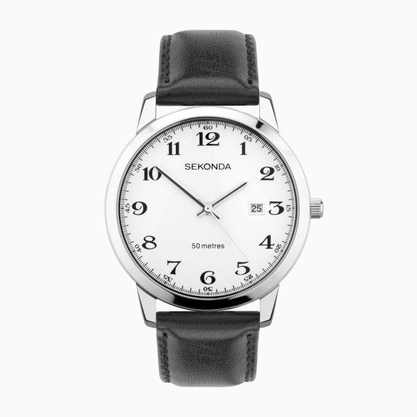 Easy Reader Men’s Watch  –  Silver Stainless Steel Case & Black Leather Strap with White Dial