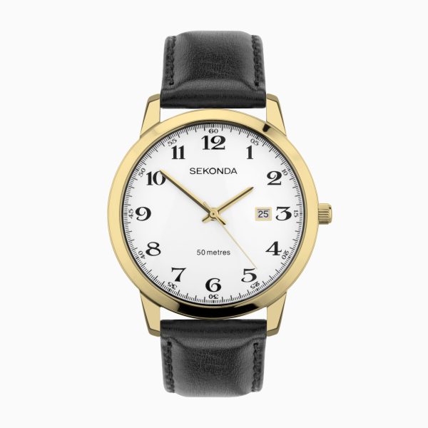 Easy Reader Men’s Watch  –  Gold Stainless Steel Case & Black Leather Strap with White Dial