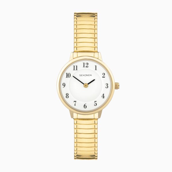 Easy Reader Ladies Watch  –  Gold Brass Case & Stainless Steel Expander Bracelet with White Dial