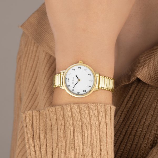 Easy Reader Ladies Watch  –  Gold Brass Case & Stainless Steel Expander Bracelet with White Dial 3