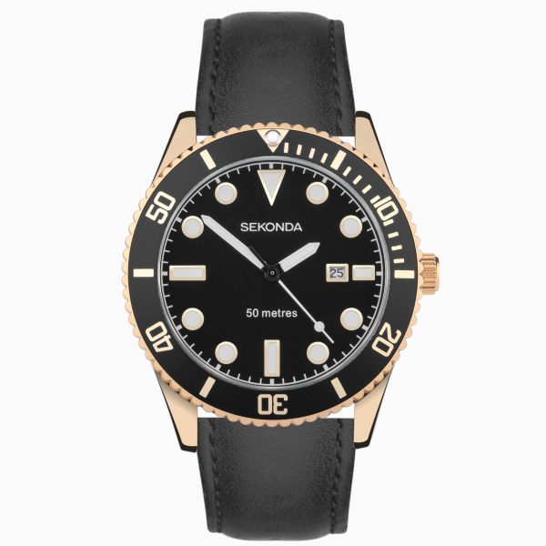 Ocean Men’s Watch  –  Rose Gold Alloy Case & Black Leather Strap with Black Dial