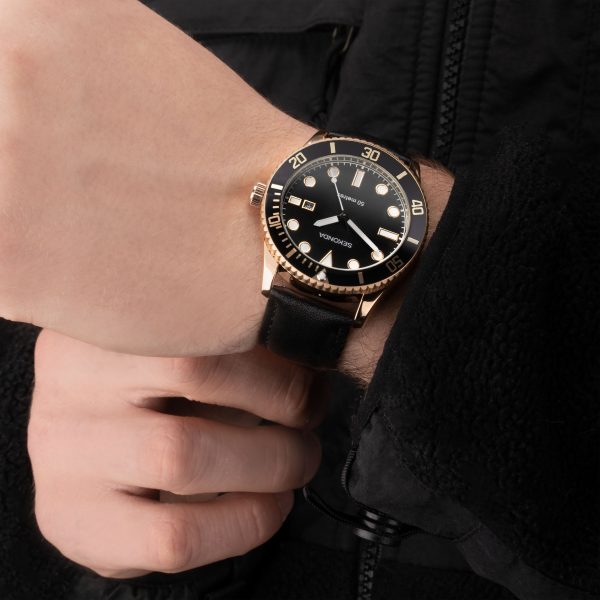 Ocean Men’s Watch  –  Rose Gold Alloy Case & Black Leather Strap with Black Dial 3