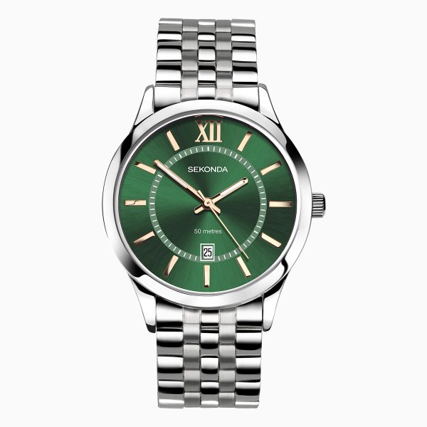 Classic Men’s Watch  –  Silver Alloy Case & Stainless Steel Bracelet with Green Dial