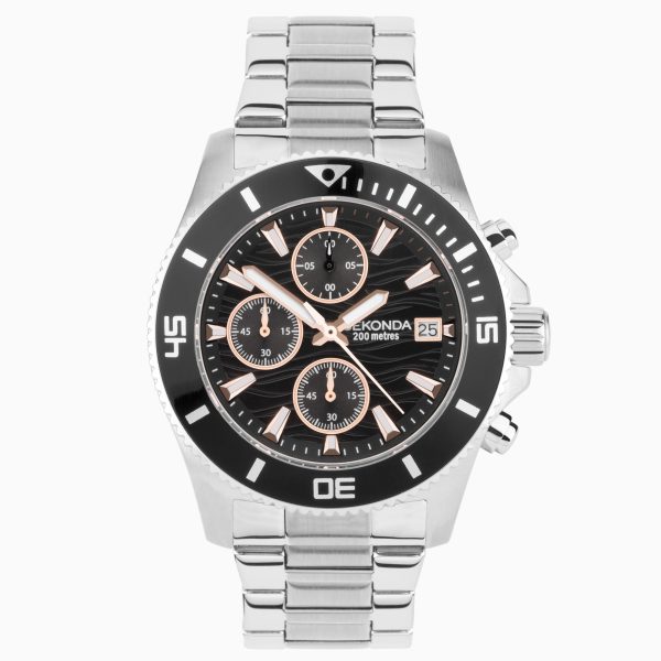 Pacific Wave Chronograph Men’s Watch  –  Silver Stainless Steel Case & Bracelet with Black Dial