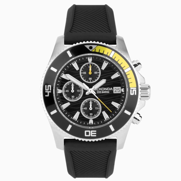 Pacific Wave Chronograph Men’s Watch  –  Silver Stainless Steel Case & Black Silicone Strap with Black Dial