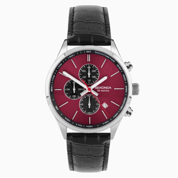Endurance Dual Time Men’s Watch  –  Silver Alloy Case & Black Leather Strap with Red Dial