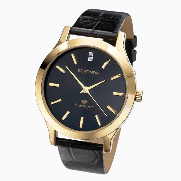 Men’s Watch  –  Gold Case & Leather Upper Strap with Black Dial 2
