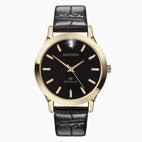 Men’s Watch  –  Gold Case & Leather Upper Strap with Black Dial