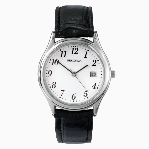 Easy Reader Men’s Watch  –  Silver Case & Leather Upper Strap with White Dial