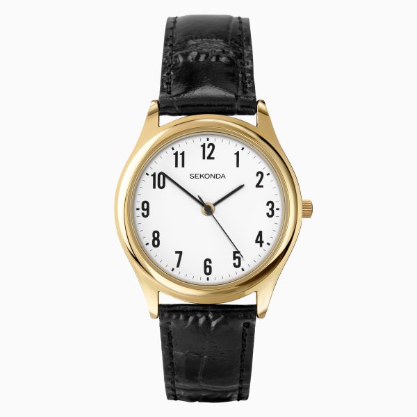 Easy Reader Men’s Watch  –  Gold Case & Leather Upper Strap with White Dial