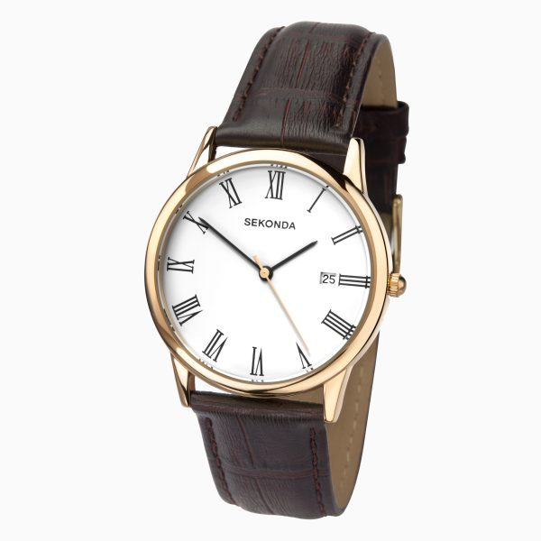 Classic Men’s Watch  –  Gold Case & Leather Upper Strap with White Dial 2