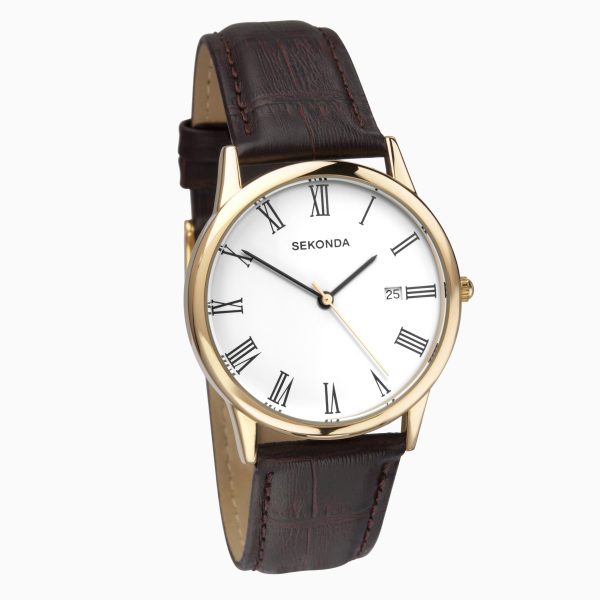 Classic Men’s Watch  –  Gold Case & Leather Upper Strap with White Dial 3