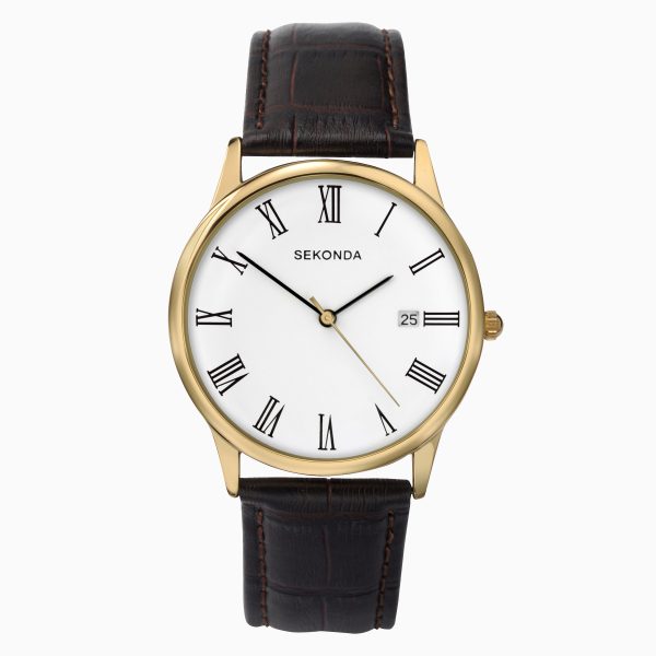 Classic Men’s Watch  –  Gold Case & Leather Upper Strap with White Dial