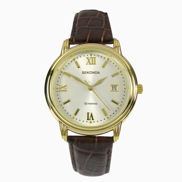 Men’s Watch  –  Gold Case & Leather Upper Strap with Champagne Dial