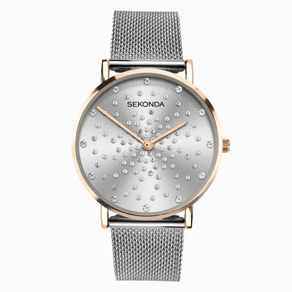 Celeste Ladies Watch  –  Rose Gold Case & Stainless Steel Mesh Bracelet with Silver White Dial