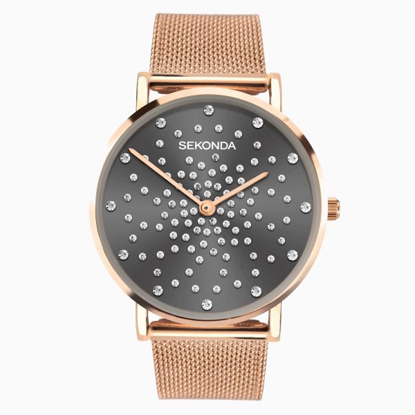 Celeste Ladies Watch  –  Rose Gold Case & Stainless Steel Mesh Bracelet with Grey Dial